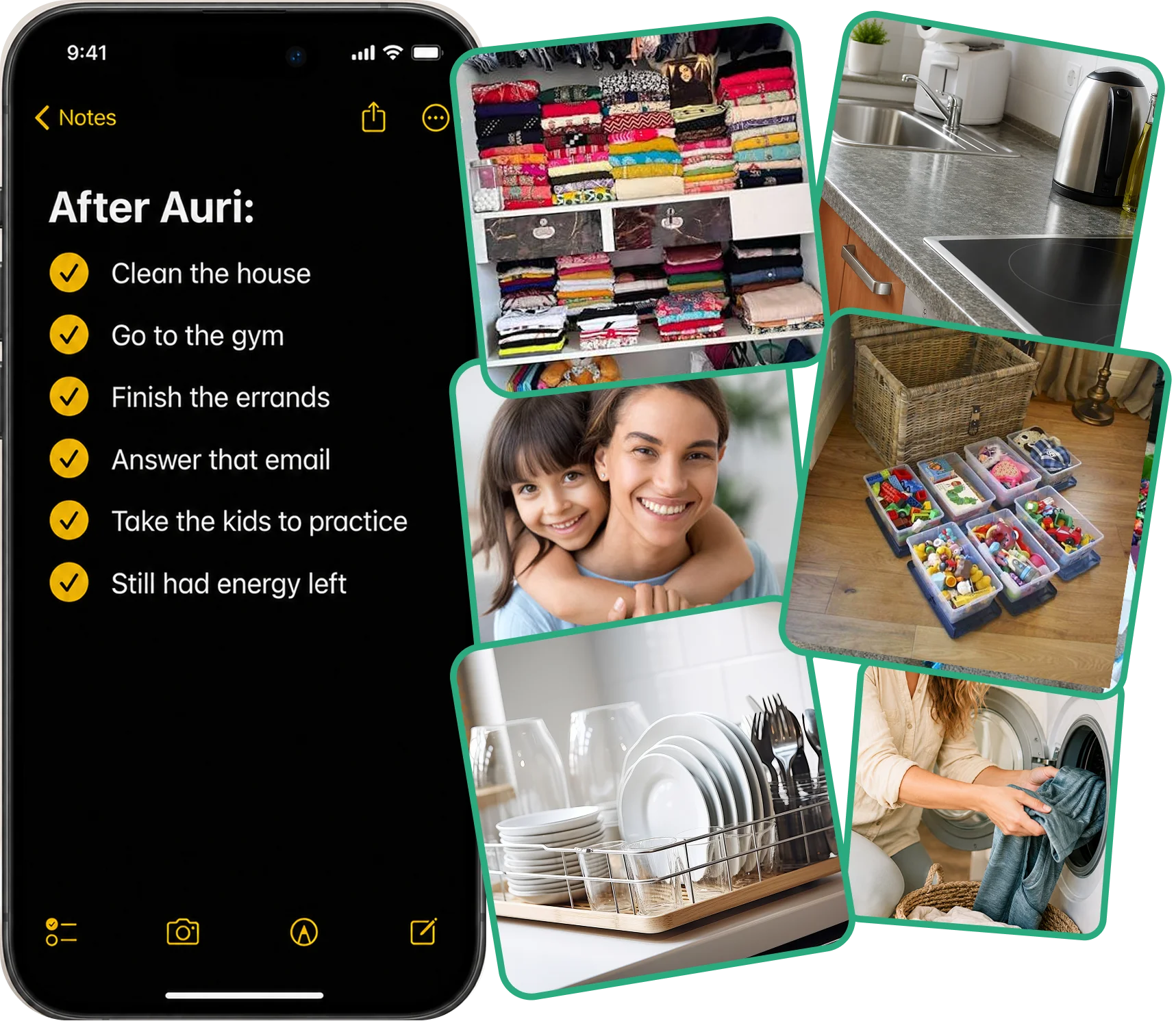 A phone with a completed to-do list next to a collage of images showing household chores and family.