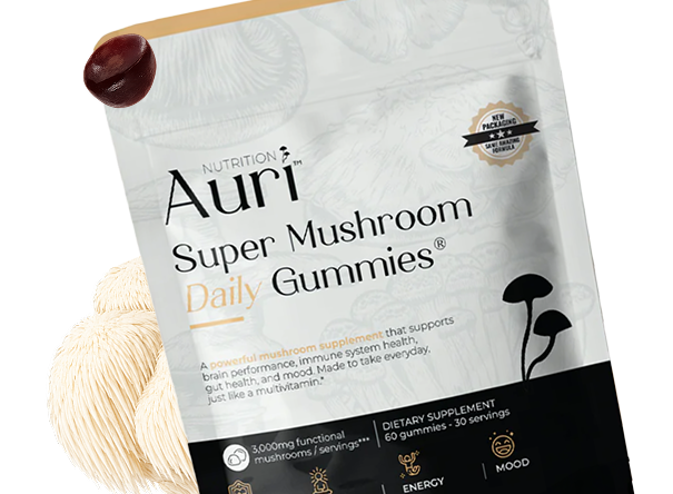 A package of Auri Super Mushroom Gummies next to a single gummy and a lion's mane mushroom.