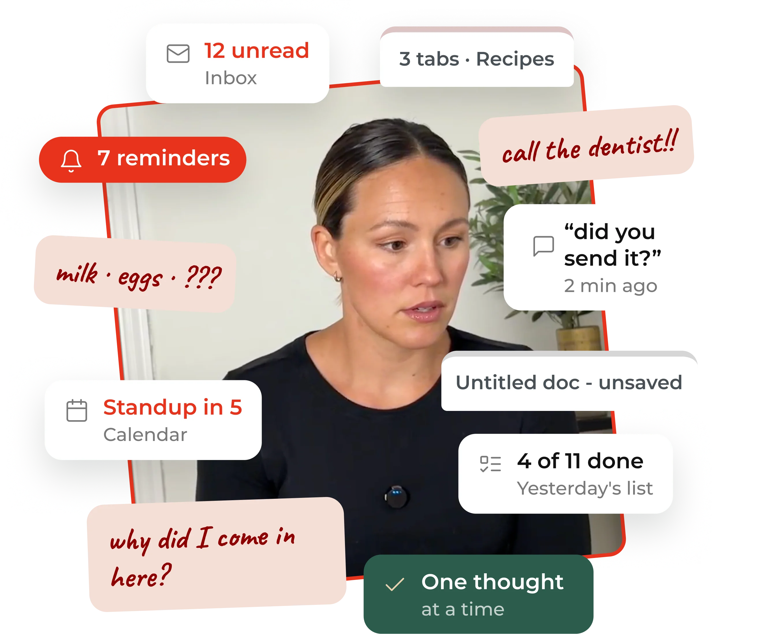 A woman looking overwhelmed, surrounded by pop-up notifications for emails, calendars, and to-do lists.