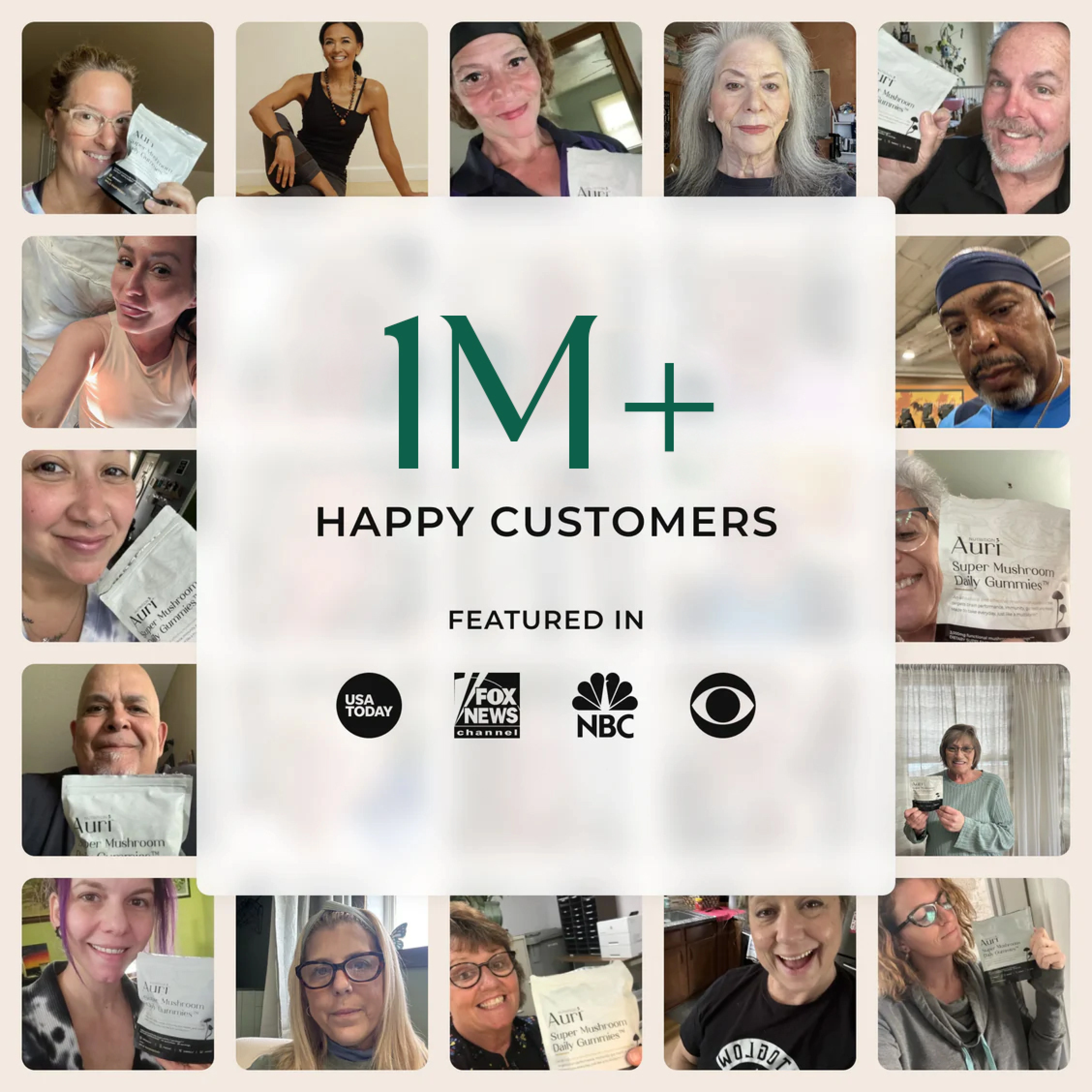 A collage of happy customers holding a product, surrounding text that says '1M+ Happy Customers.'