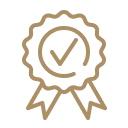 An icon of a prize ribbon with a checkmark in the center on a green background.