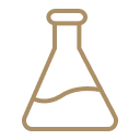 A tan line icon of a science beaker on a green background.