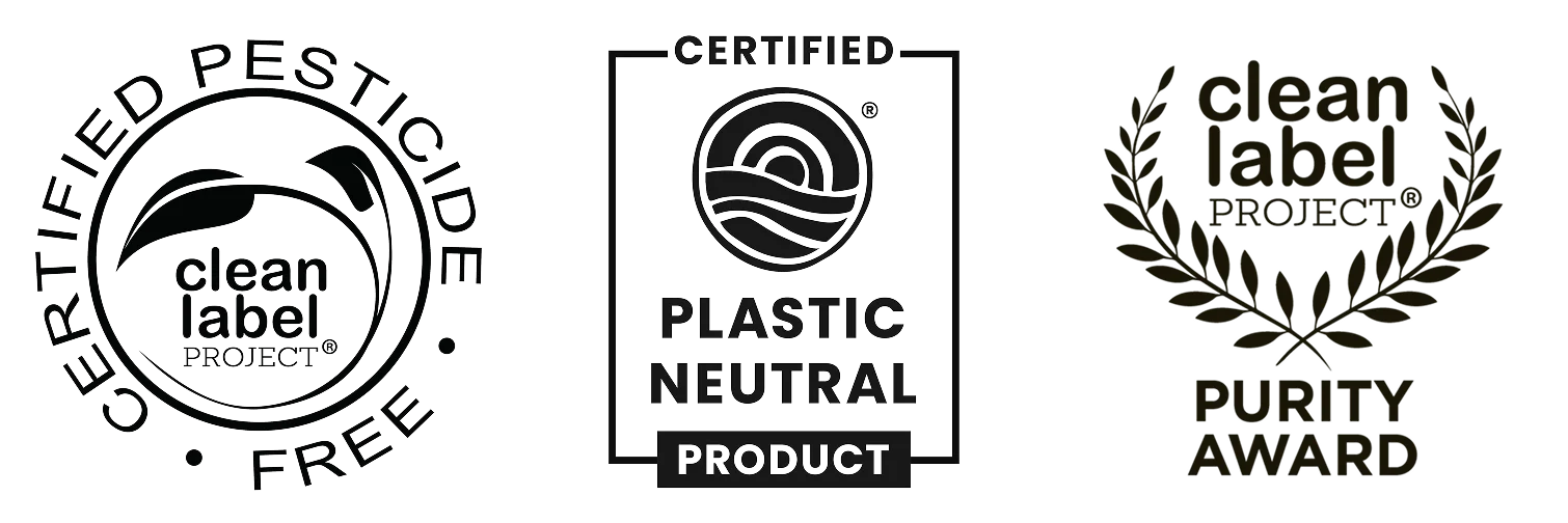 Three certification logos: Certified Pesticide Free, Certified Plastic Neutral Product, and Clean Label Project Purity Award.