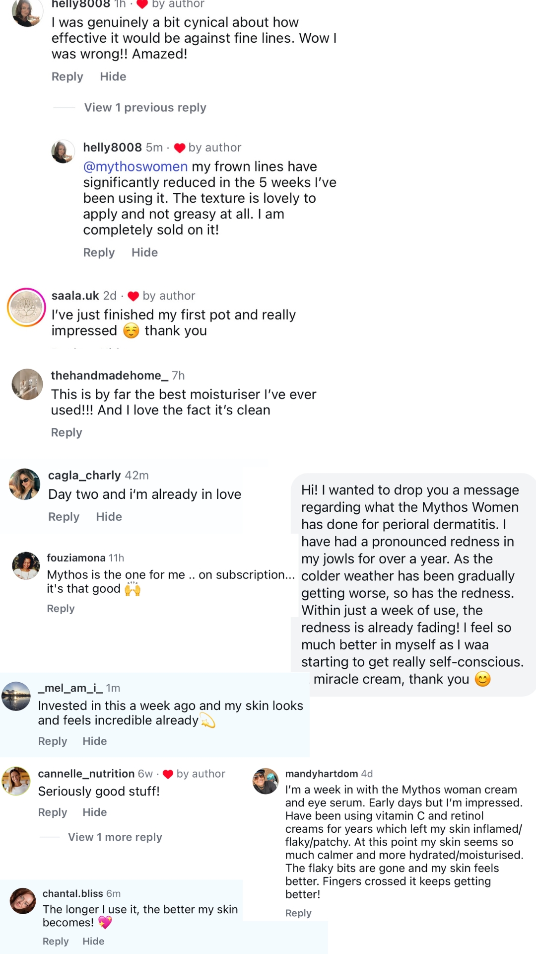 A collage of screenshots showing positive customer reviews and comments from a social media feed.