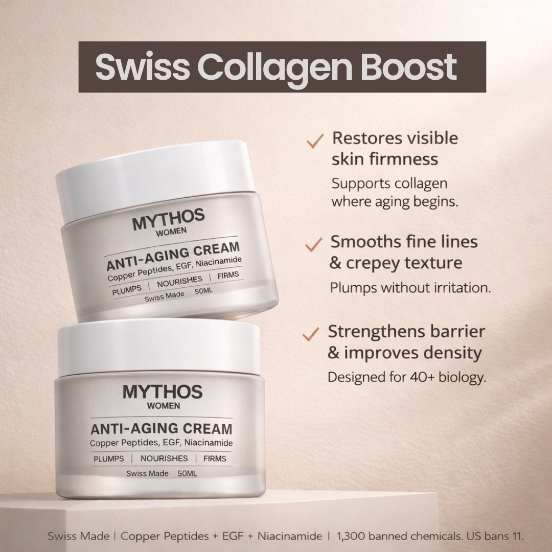 An advertisement for Mythos anti-aging cream showing two jars and a list of its benefits.