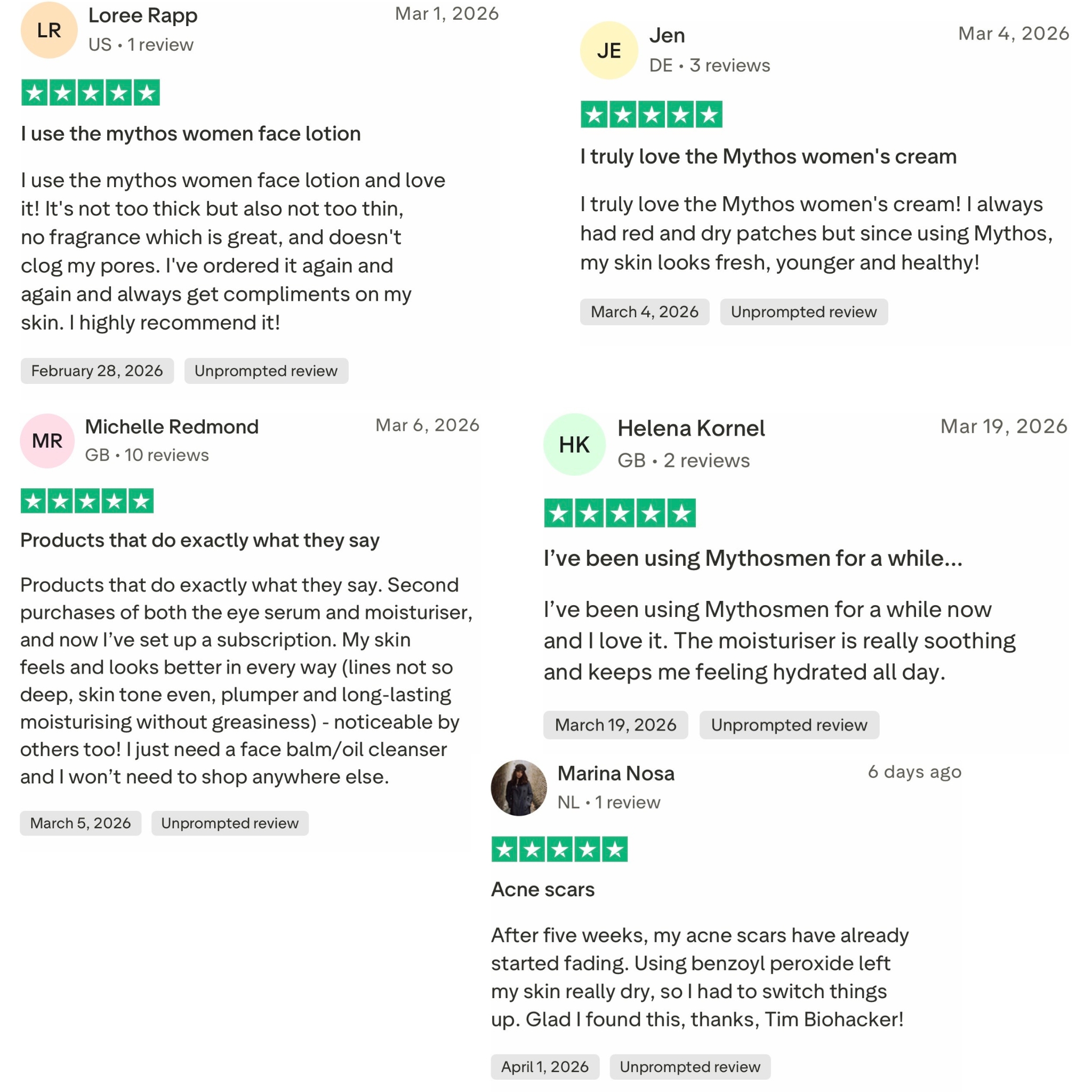 A collage of five-star customer reviews for a skincare product, showing names, ratings, and comments.