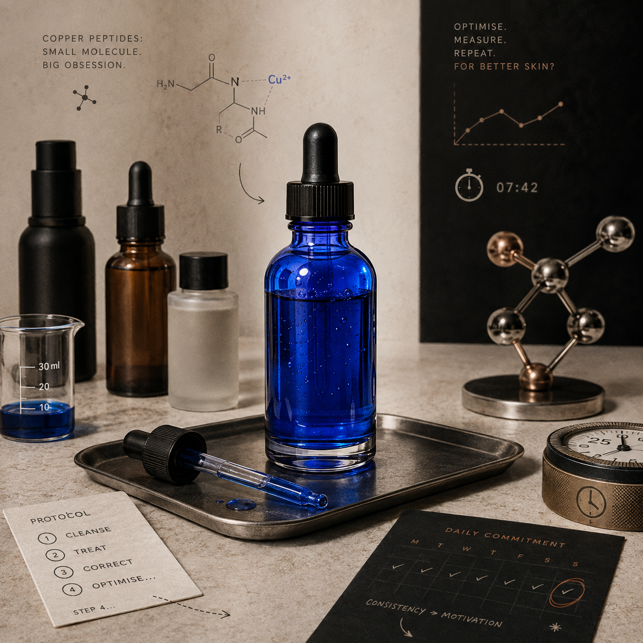 A blue dropper bottle of serum on a tray, surrounded by lab equipment and skincare routine notes.