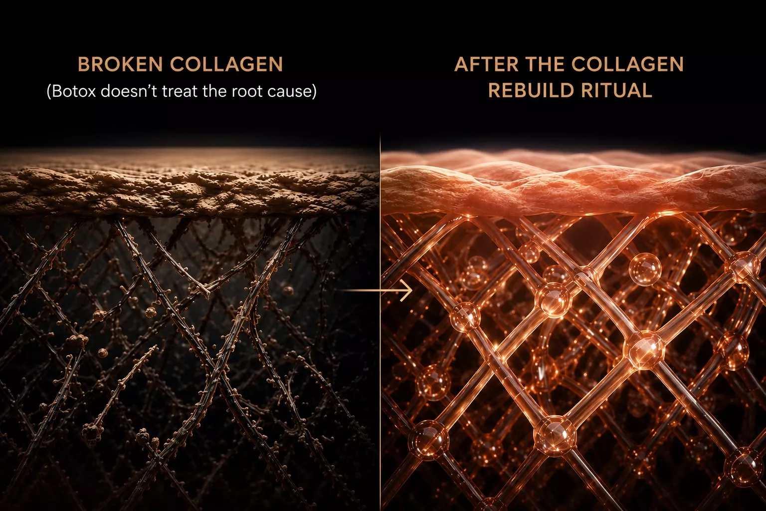 A before-and-after diagram showing the transformation of broken collagen into a rebuilt, organized collagen matrix.