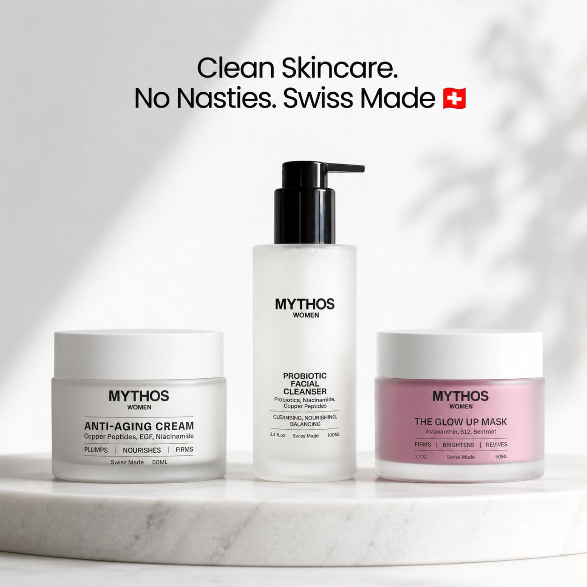 Three Mythos Women skincare products, including a cream, cleanser, and mask, against a white background.