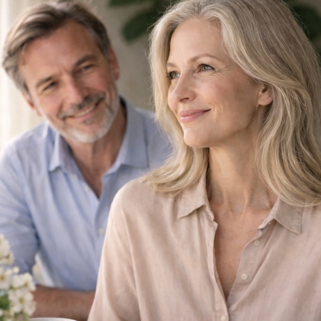 A smiling middle-aged woman with grey hair looks to the side as a man smiles at her from behind.