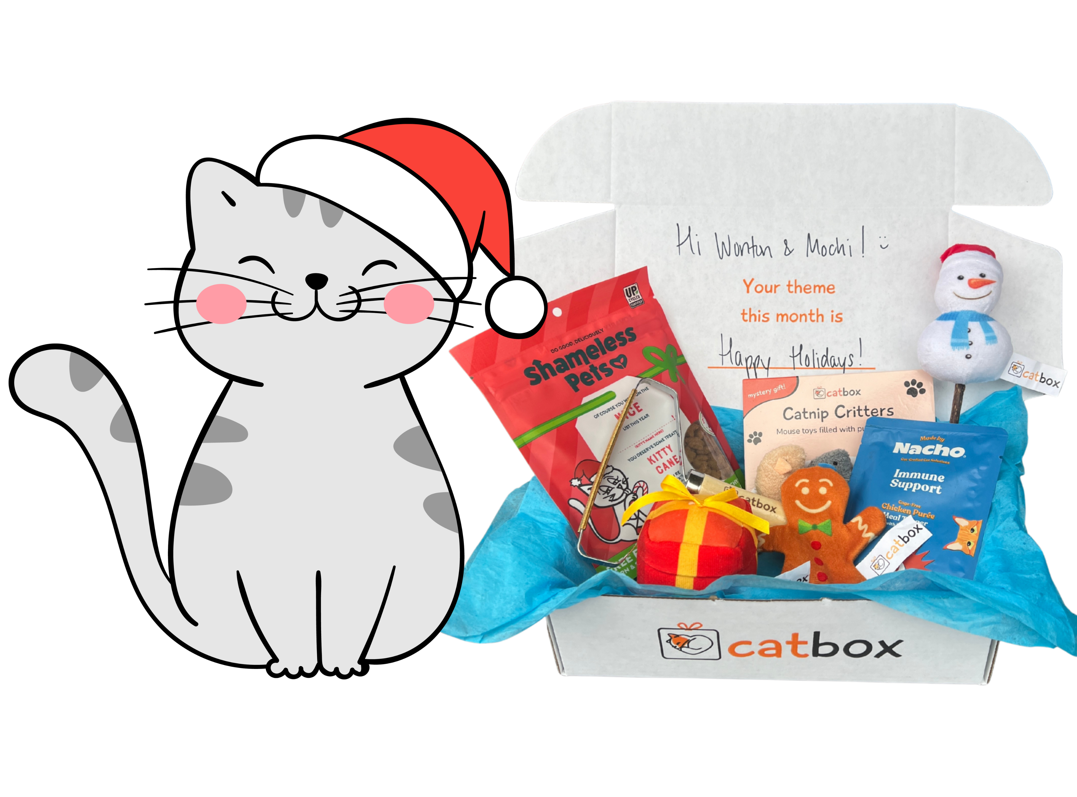 Illustration of a cat with Santa hat next to a box of cat toys and treats.