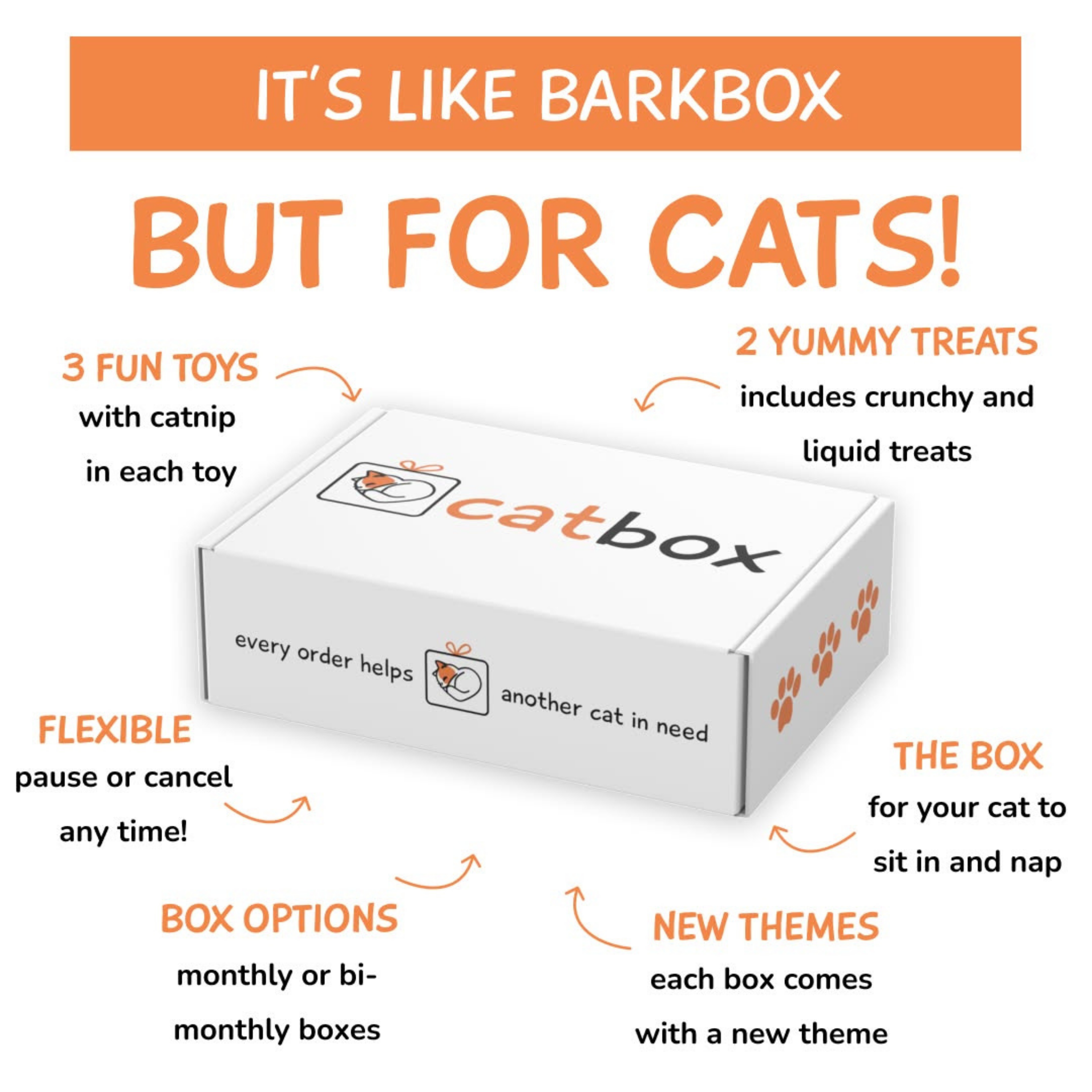 An advertisement for Catbox, a subscription box for cats, showing the box and listing its features.