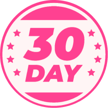 Pink circular badge with '30 Day' text and stars.