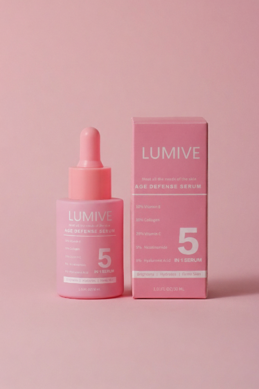 Pink serum bottle and box labeled 'Lumive Age Defense Serum' on pink background.