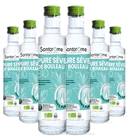 Six glass bottles of Santarome Pure Sève de Bouleau Bio on a white background.