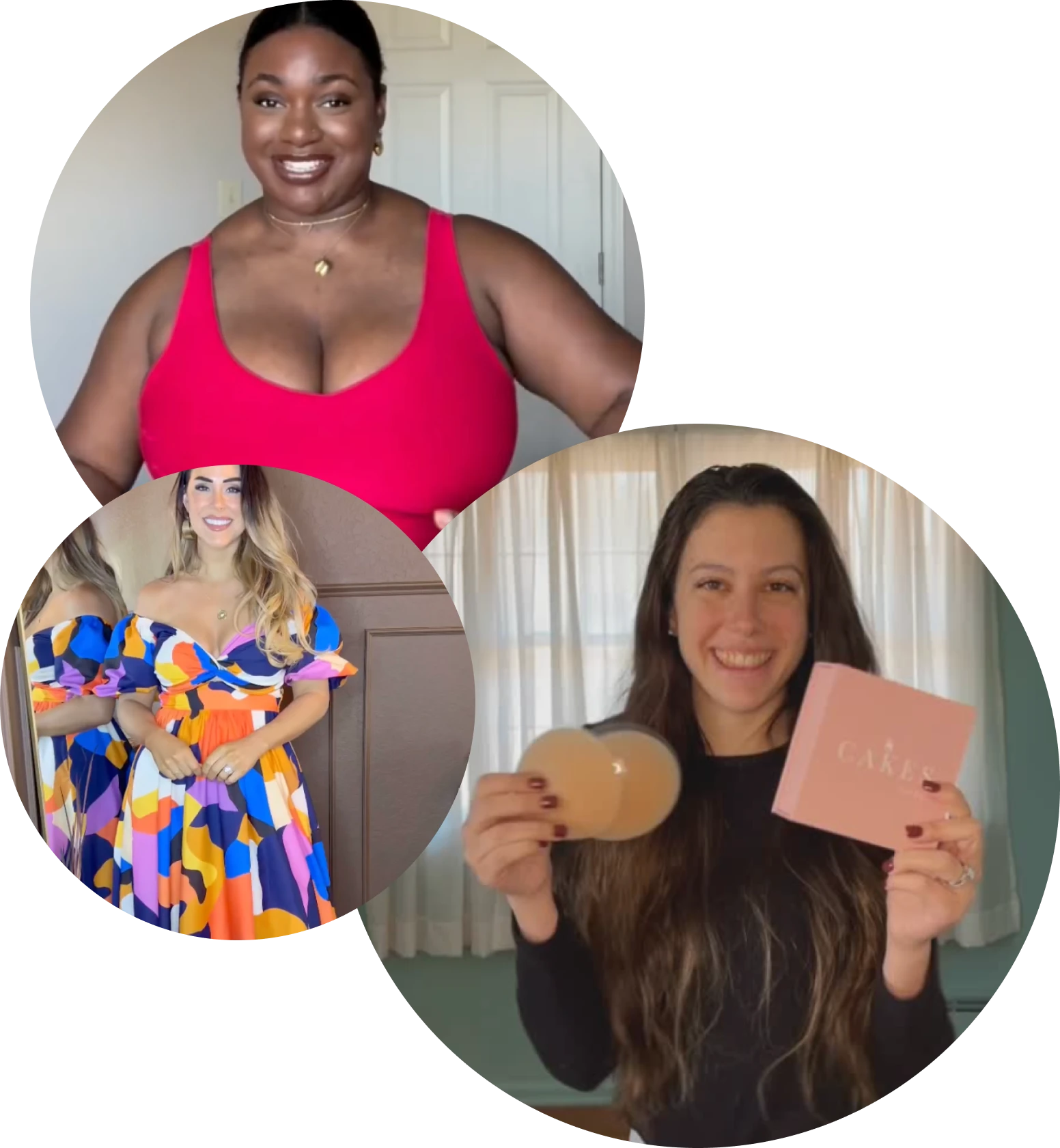 Three women smiling, one in a red top, one in a colorful dress, and one holding a product.