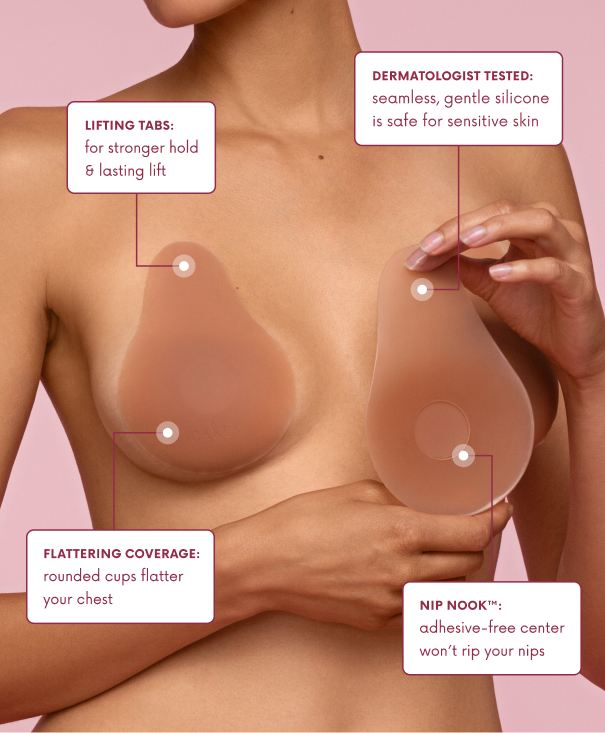 A person applies an adhesive breast lift pasty, with text boxes detailing its features against a pink background.