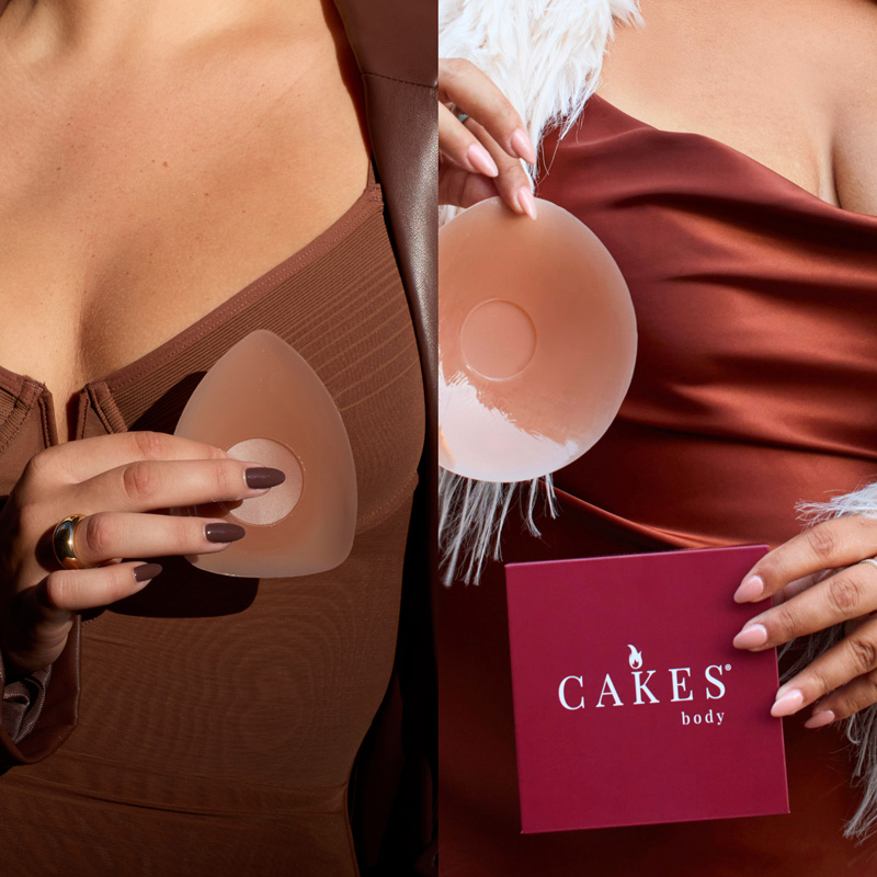 Two women holding silicone nipple covers and a Cakes brand box.