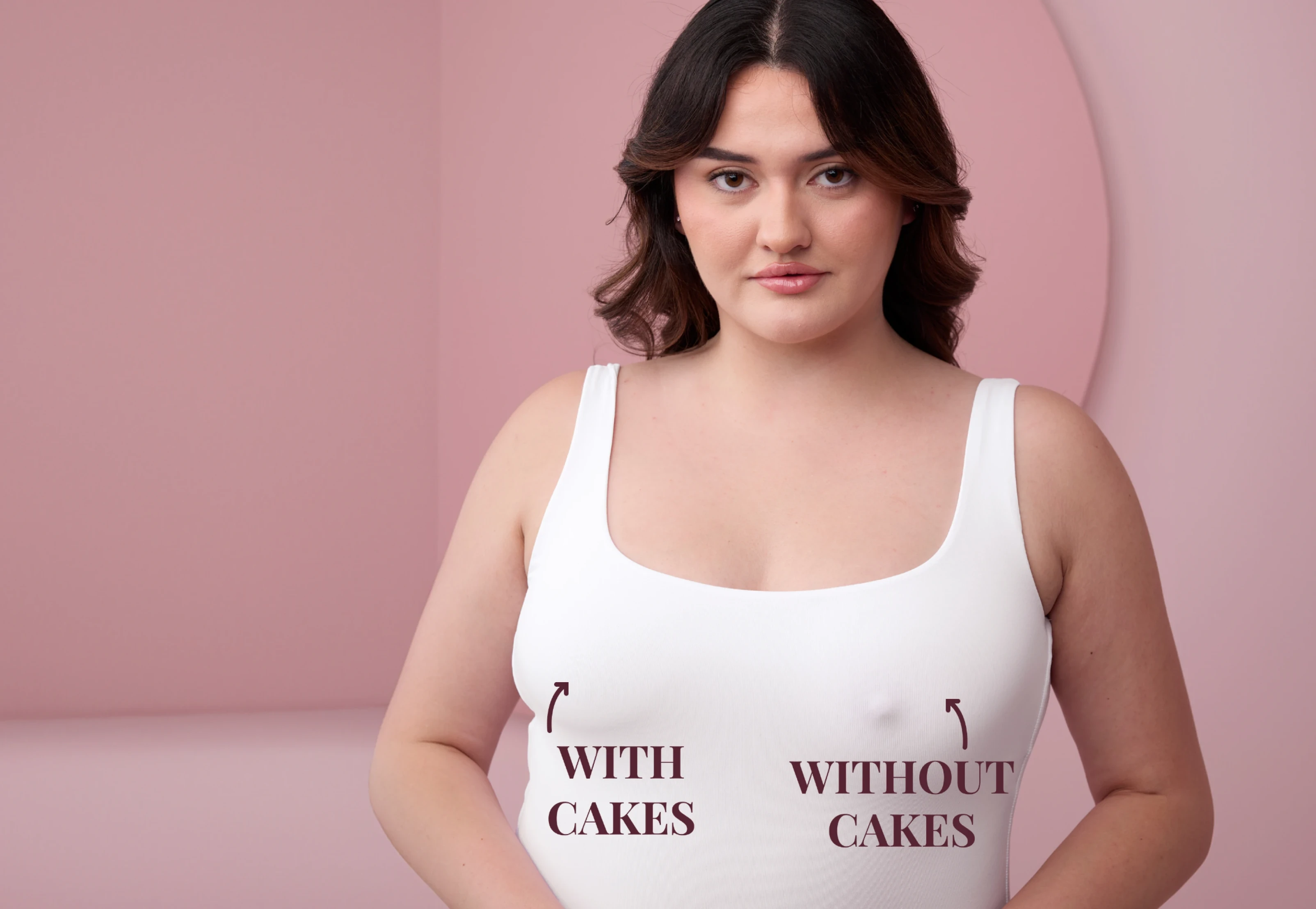 Woman in a white top, with text about 'cakes' on a light pink background.
