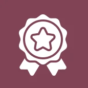 White award ribbon icon with a star on a maroon background.