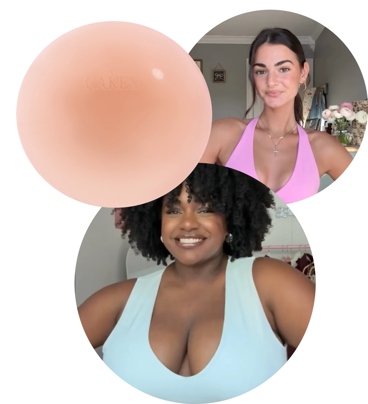 Two women smiling, one in a pink top, one in a blue top, with a round object labeled 'CAKES'.