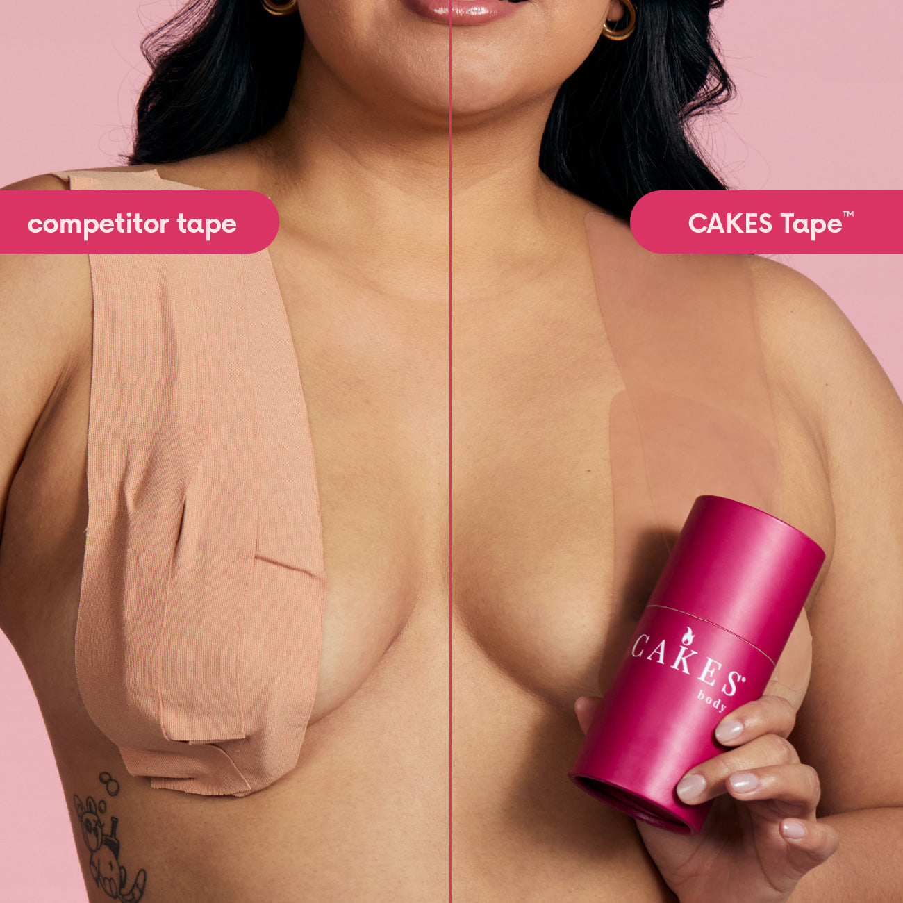 A split-screen image comparing a wrinkled competitor body tape to the smooth application of CAKES Tape on a woman.