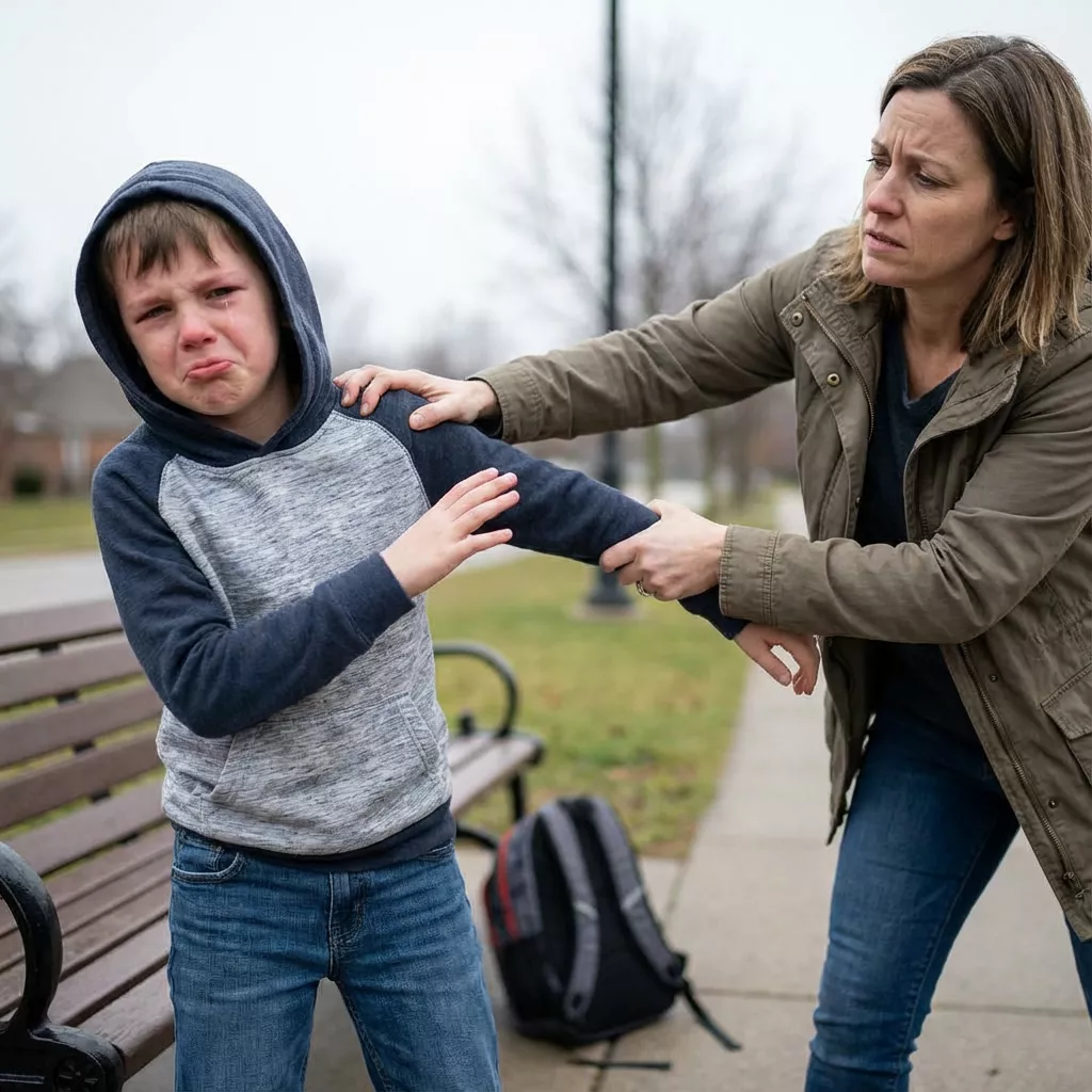Woman holds crying child by the arm near a park bench.