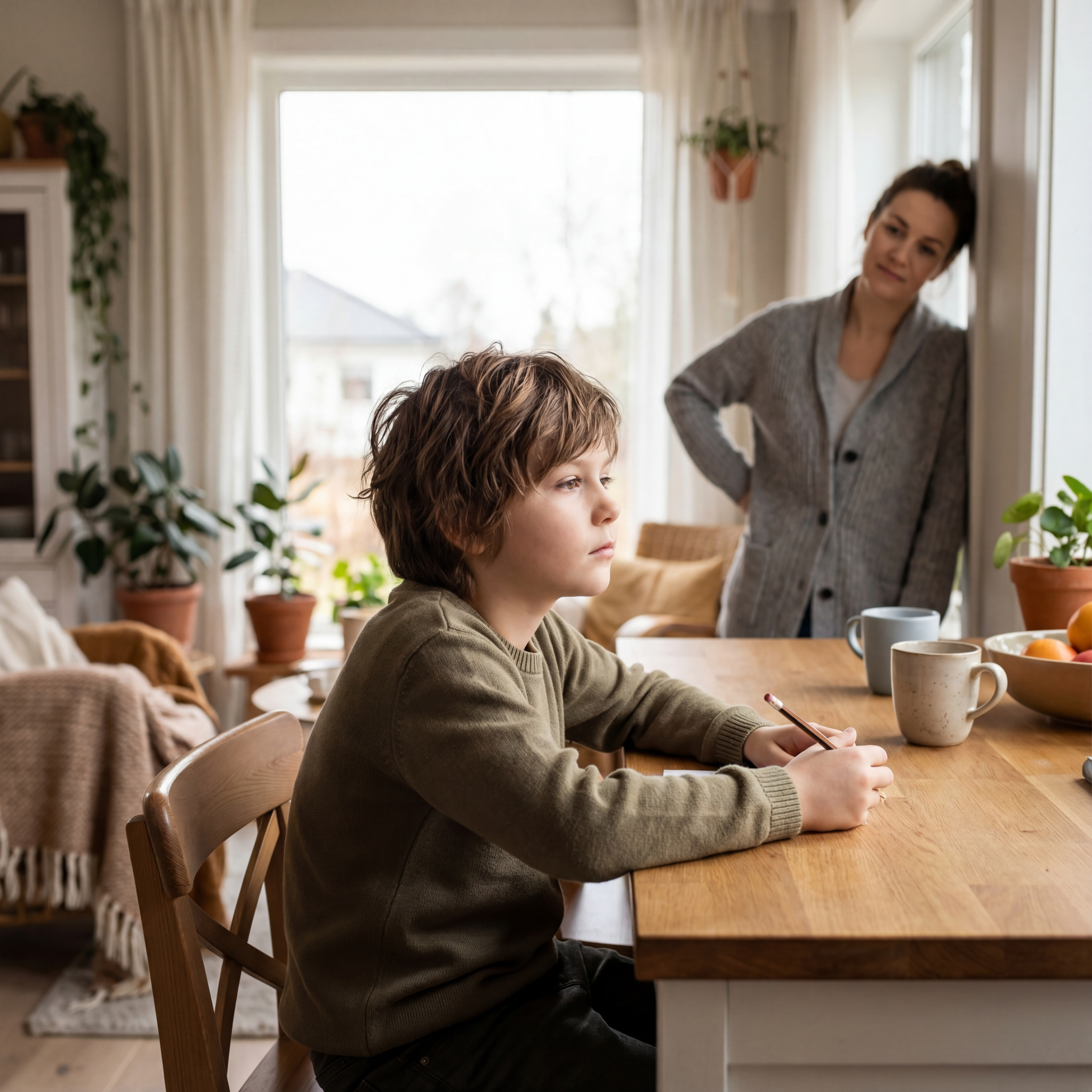 A child sitting at a table with a woman standing in the background.