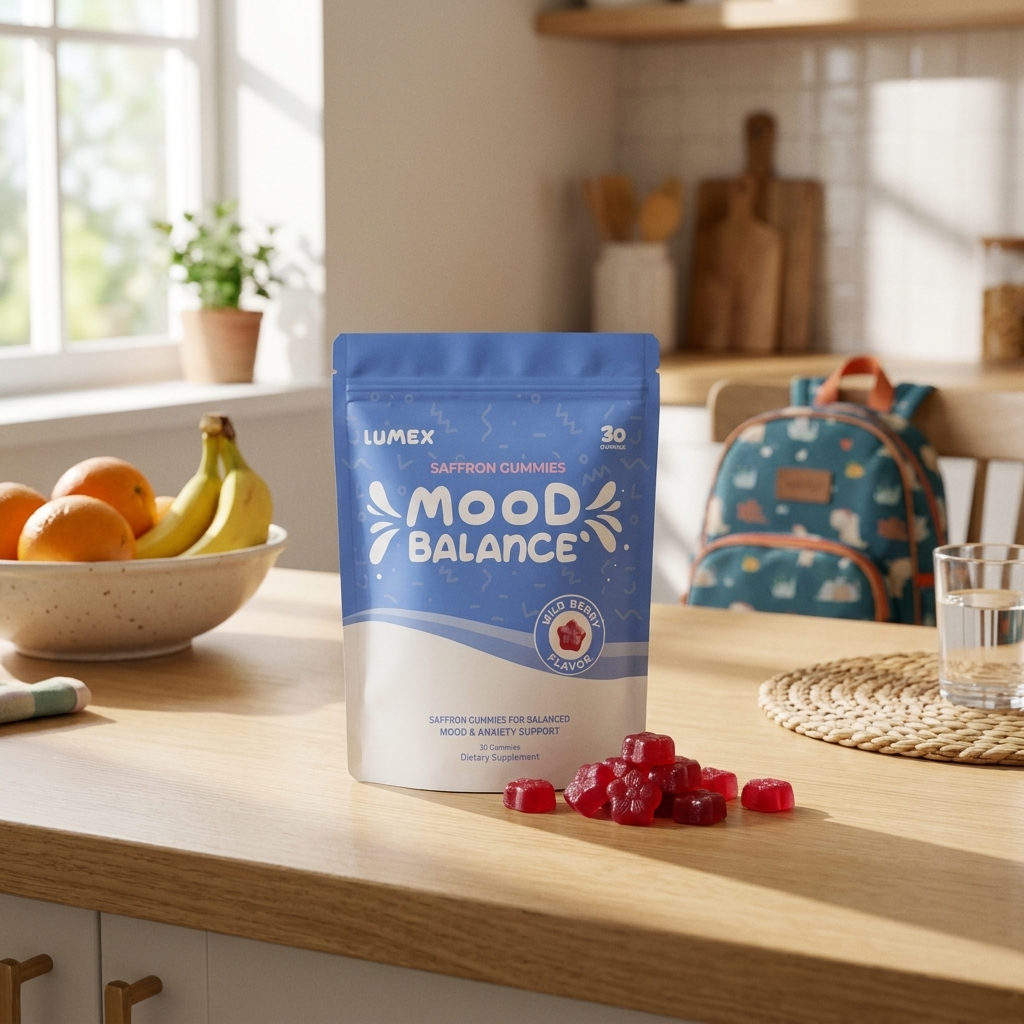 A pouch of Lumex Mood Balance Saffron Gummies sits on a kitchen table next to several individual gummies.