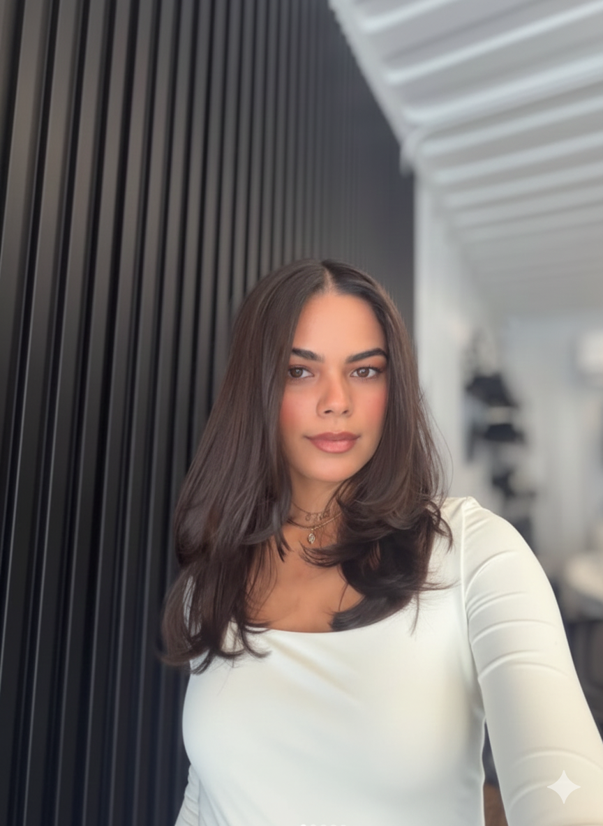 Person with long dark hair and white top, standing indoors.
