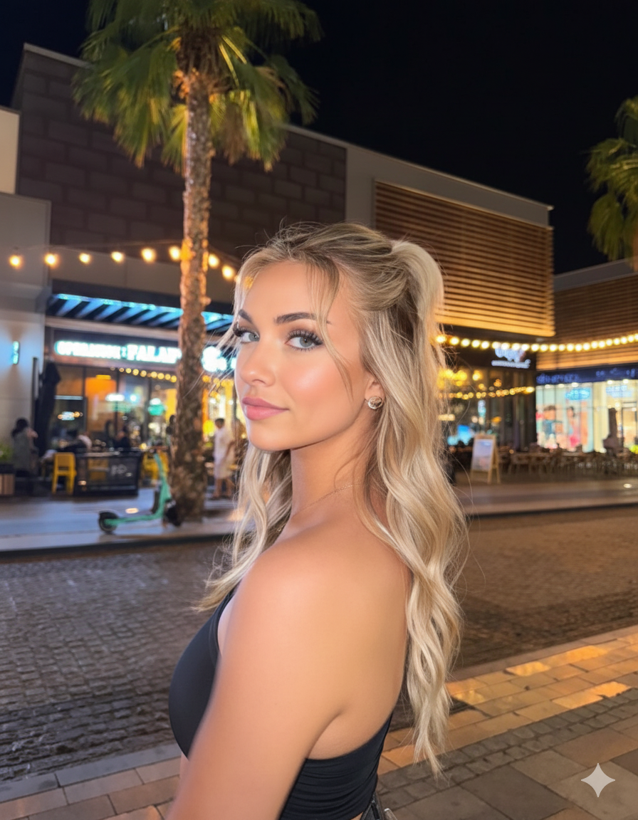 Woman with blonde hair standing outdoors at night near lit storefronts and palm trees.