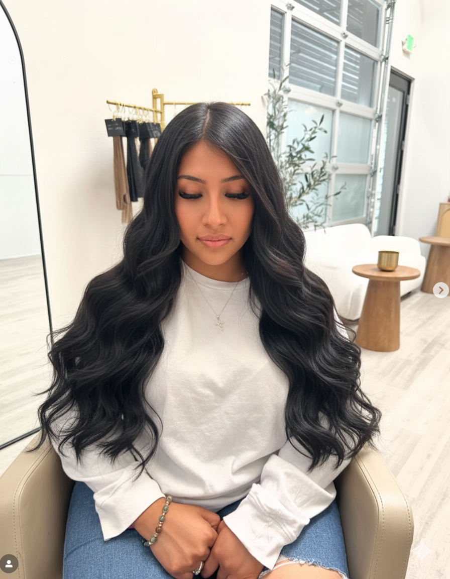 Woman with long, wavy black hair wearing a white shirt, sitting in a salon chair.