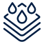 Icon of three water droplets above layered lines.
