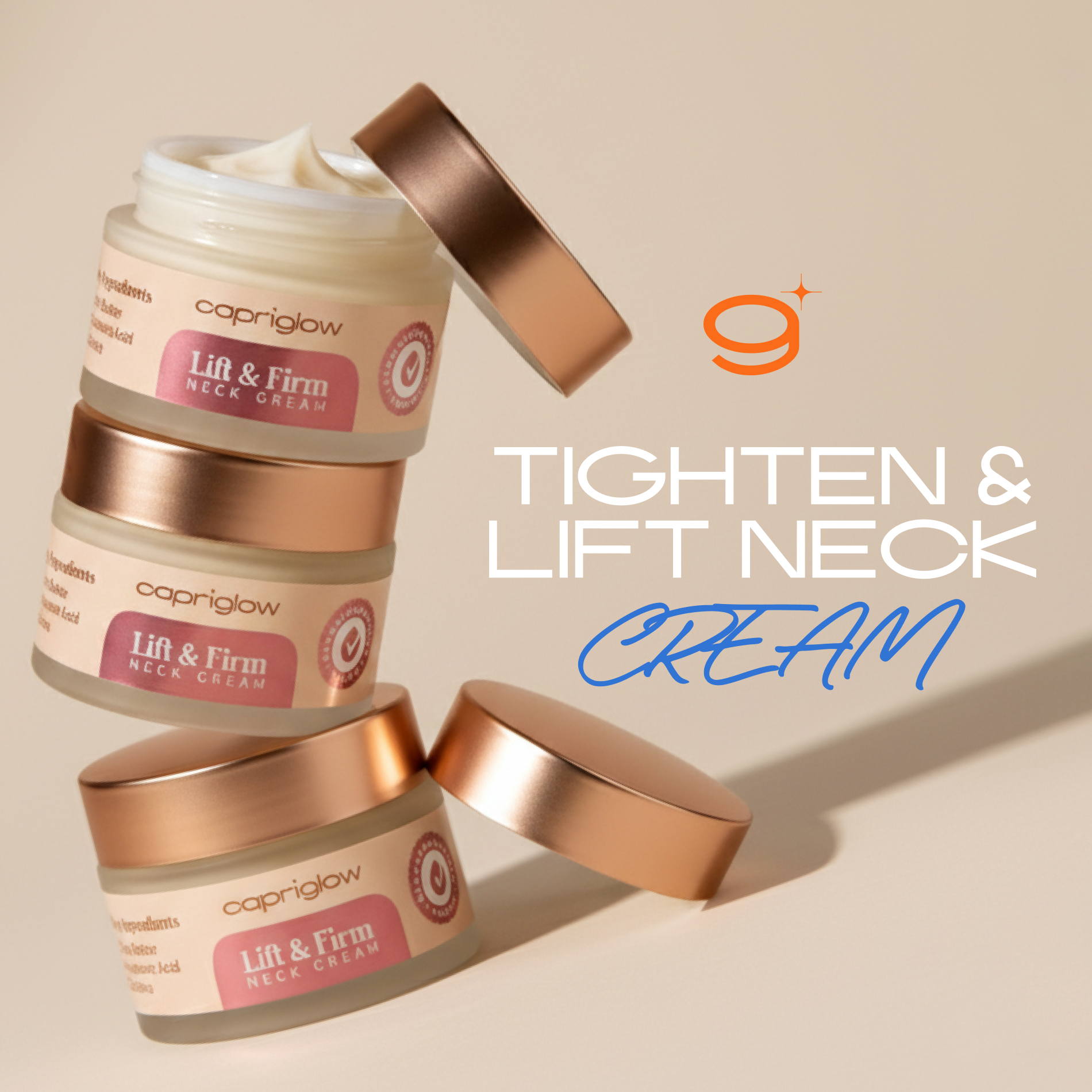 Stacked jars of neck cream with bronze lids on beige background.