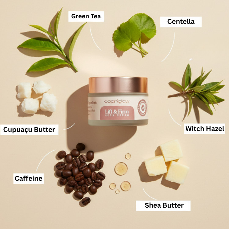 Neck cream surrounded by green tea, centella, witch hazel, cupuaçu butter, caffeine, shea butter.