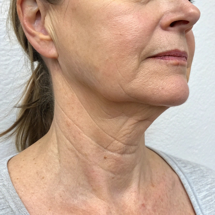Side profile of a person's neck and lower face.