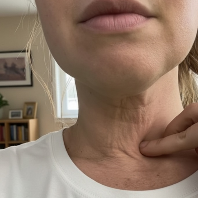 Close-up of a person's chin and neck with a hand touching the throat.