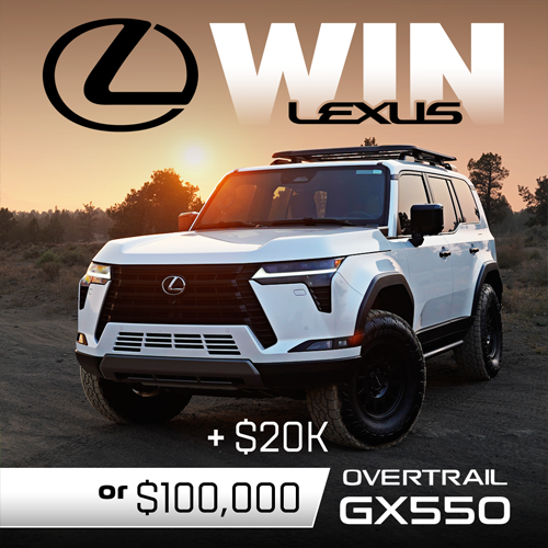 A promotional image for a contest to win a white Lexus Overtrail GX550 SUV or cash prize.