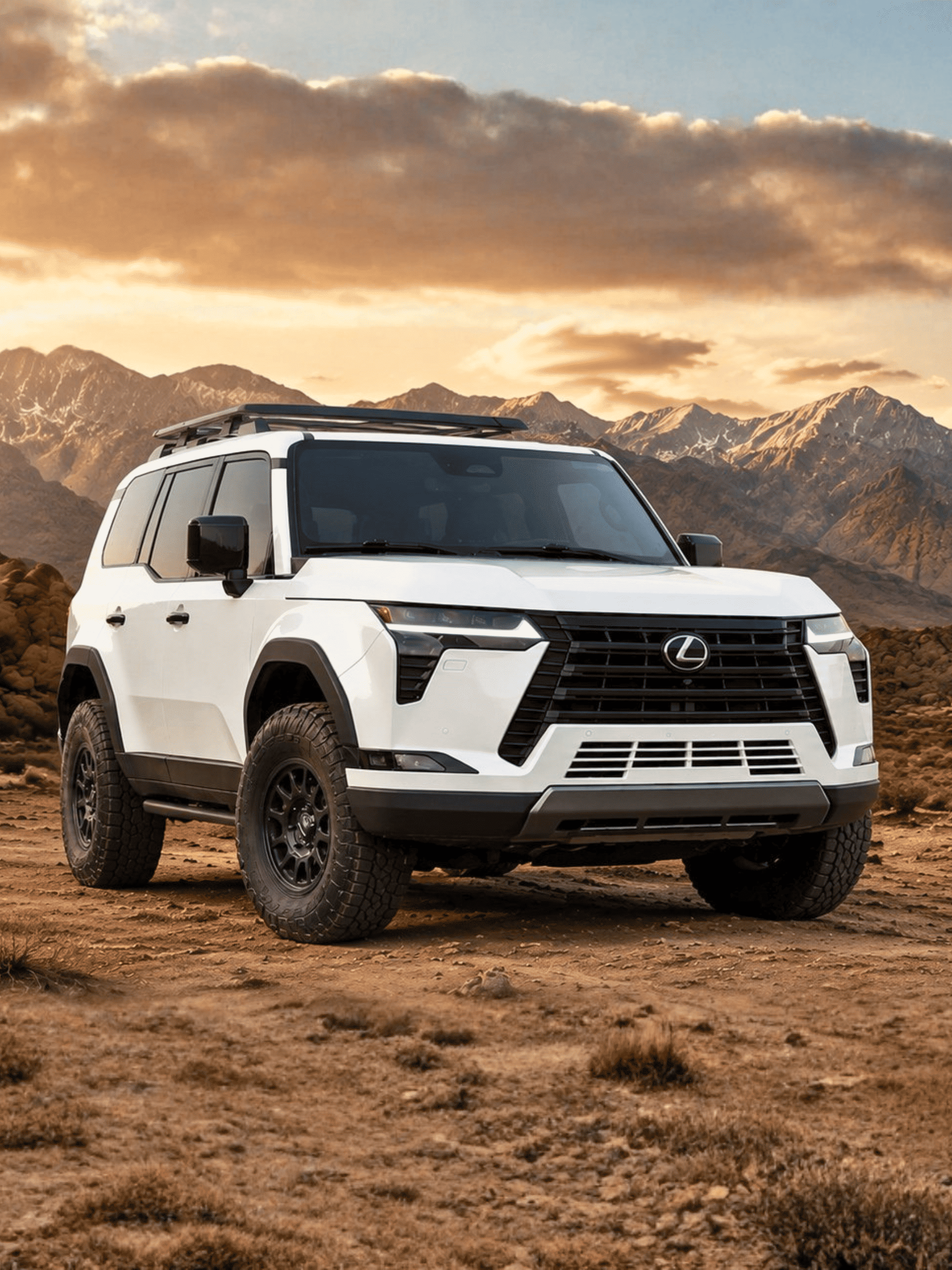 A white Lexus SUV parked on a dirt road with mountains in the background at dusk.