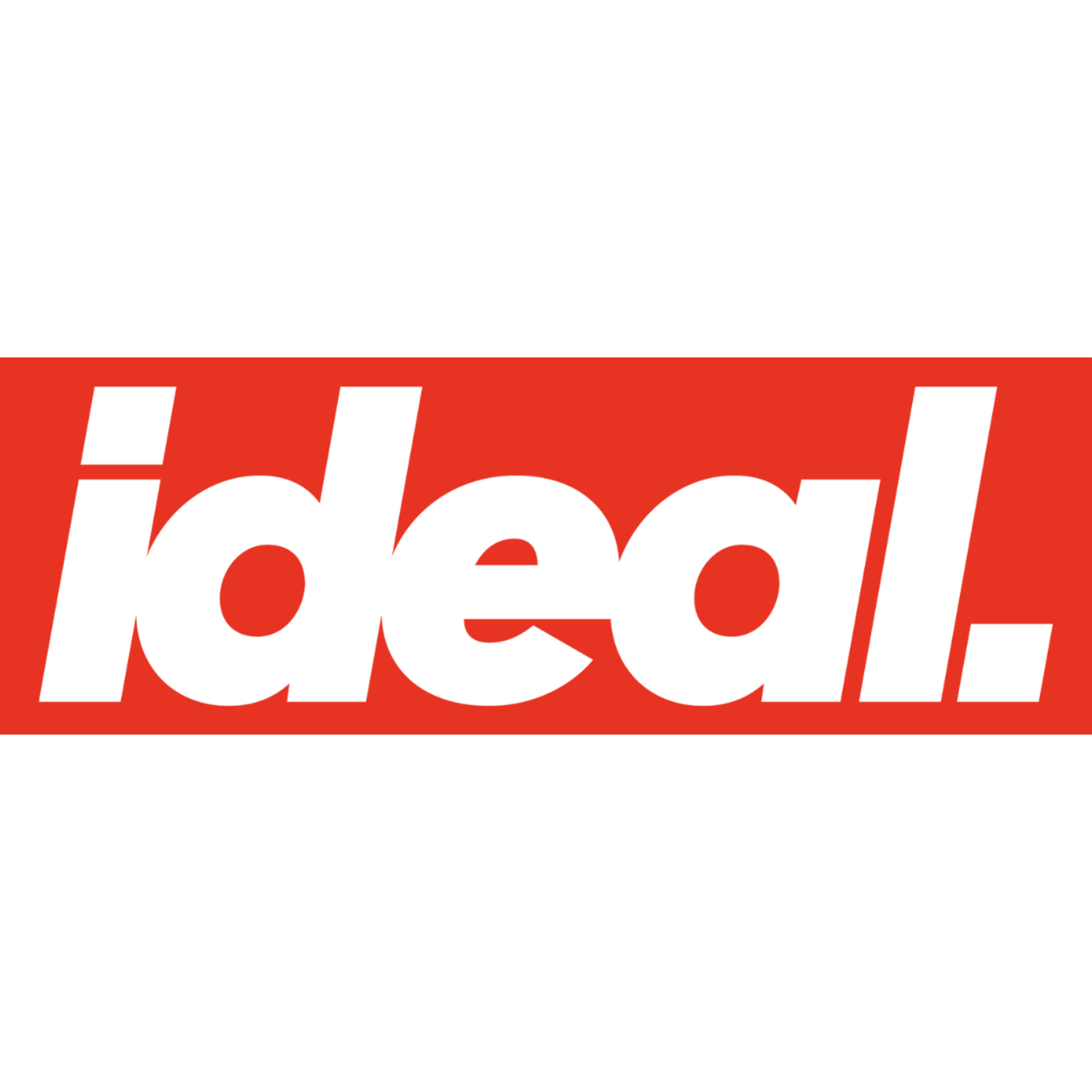 The word ideal in white lowercase text on a red background, followed by a period.