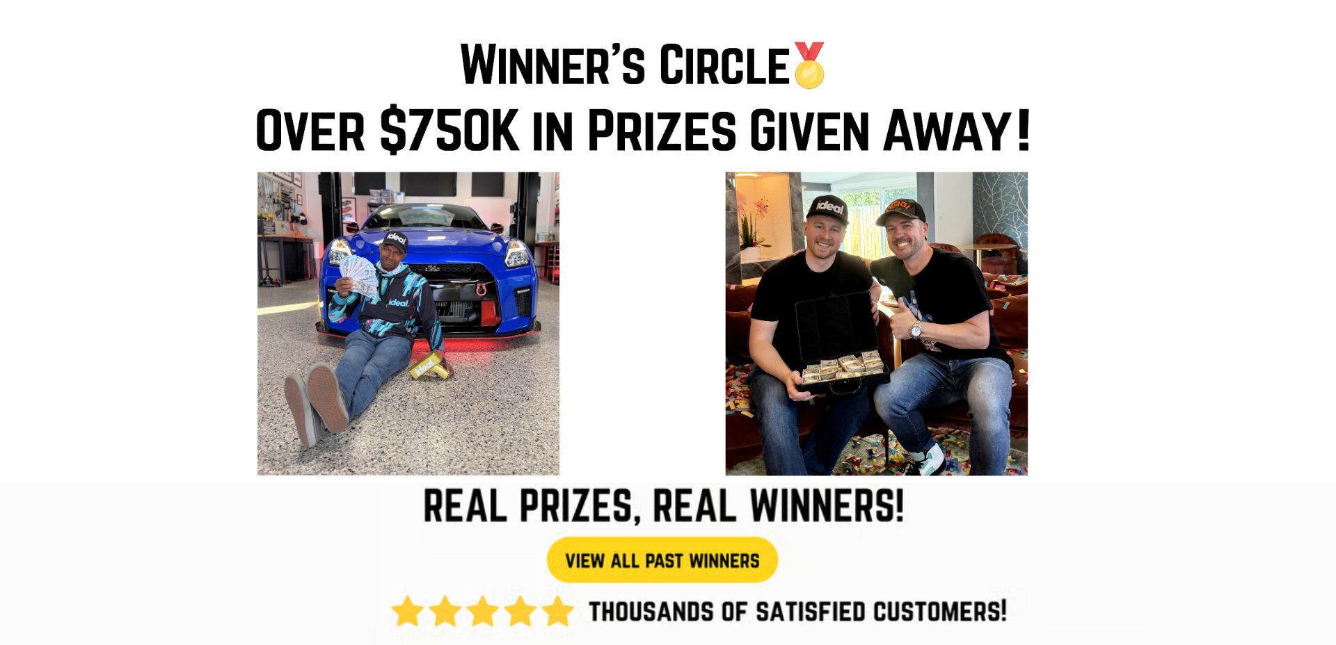 Promotional banner for a 'Winner's Circle' giveaway, showing past winners with cash and a car.