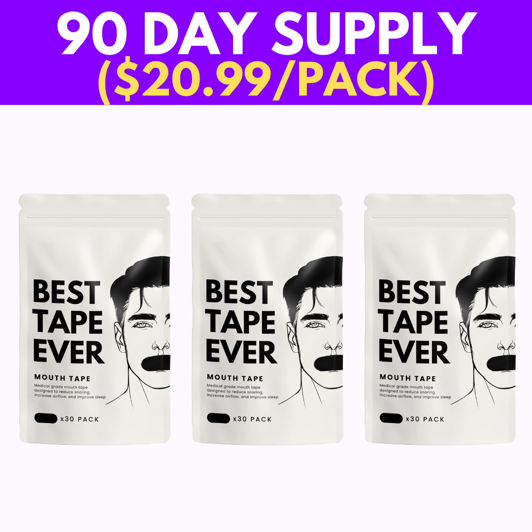 Three packs of mouth tape with illustrated face and bold text.