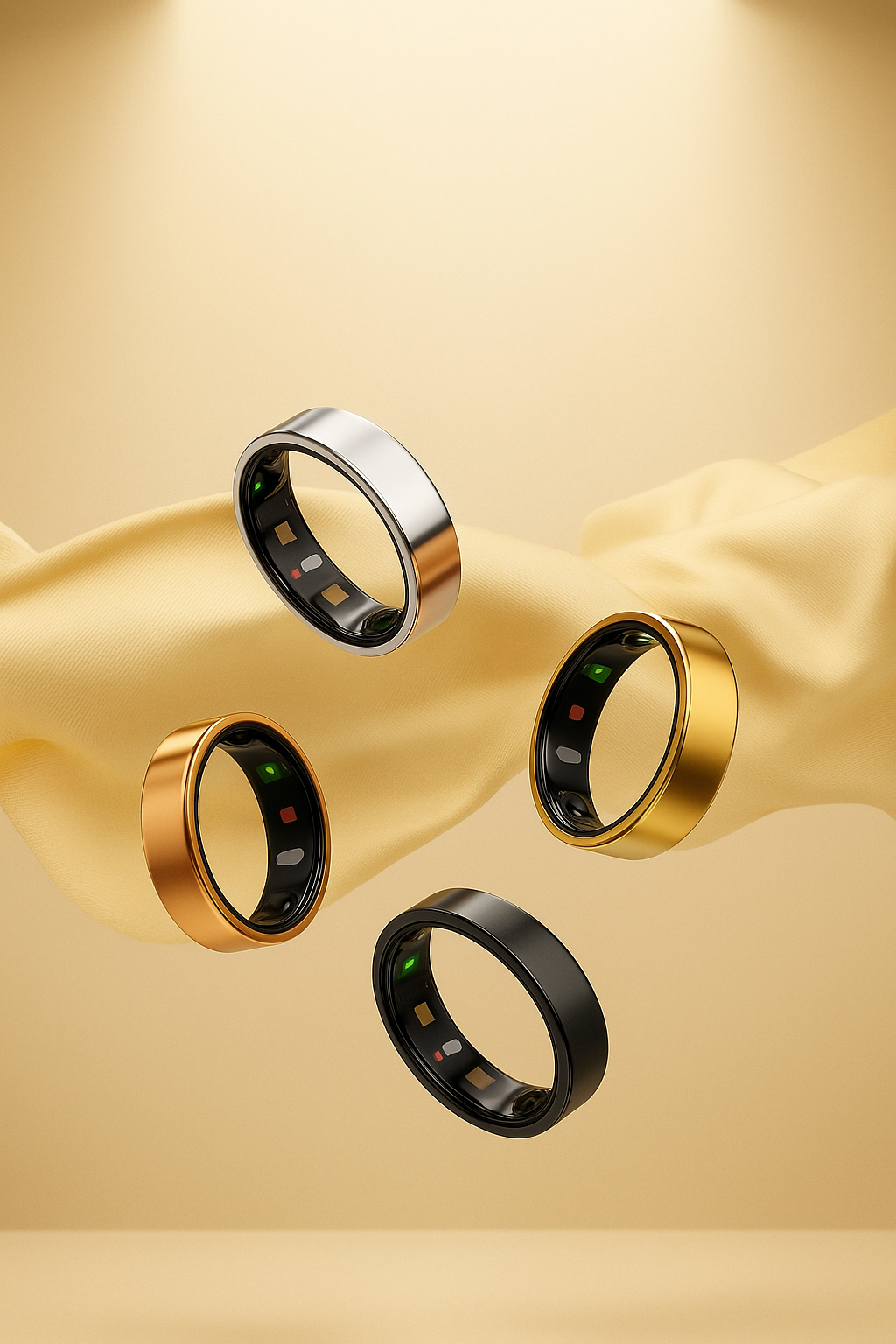 Four metallic rings floating against a beige background with fabric.