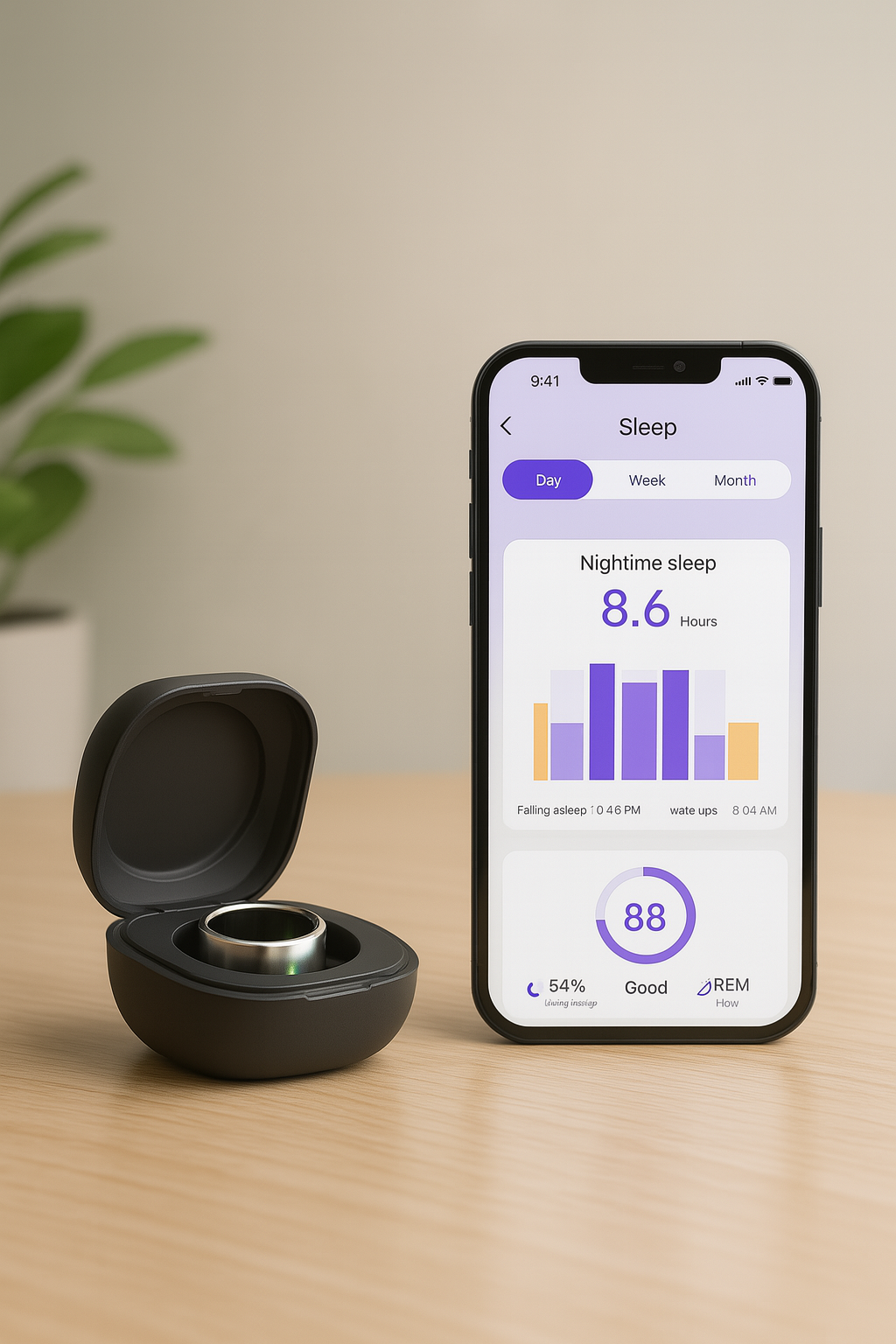 Smart ring in a charging case next to a smartphone displaying sleep tracking data.