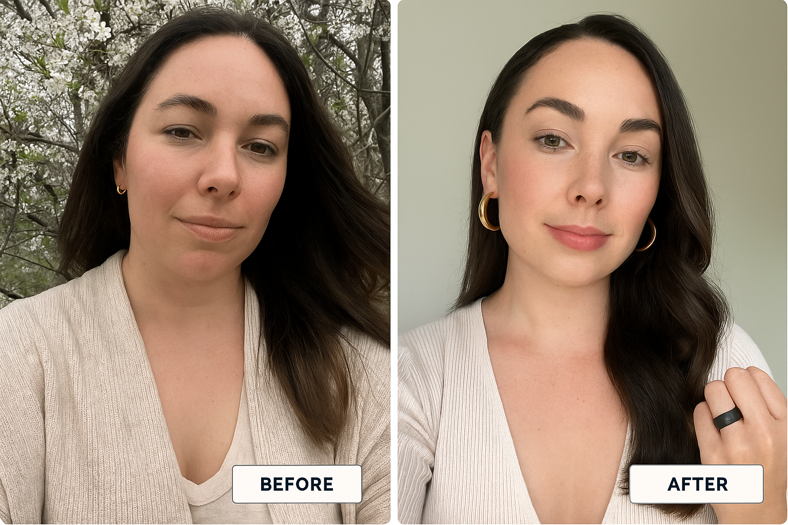 Side-by-side before and after photos of a woman with subtle makeup changes.