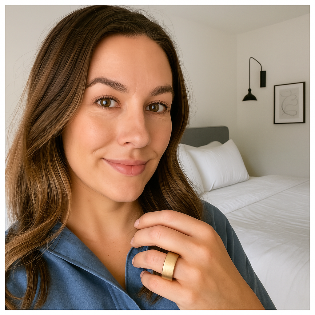 Person smiling in a bedroom with a bed and wall art in the background.