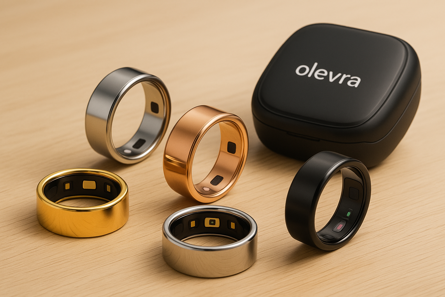 Five metallic smart rings and a black case on a wooden surface.