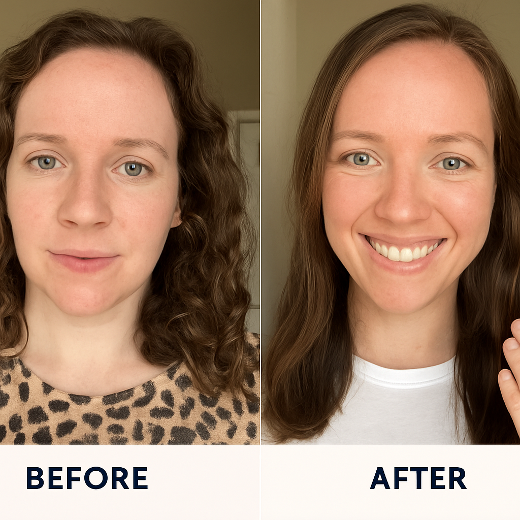 Side-by-side comparison of a woman before and after a makeover.