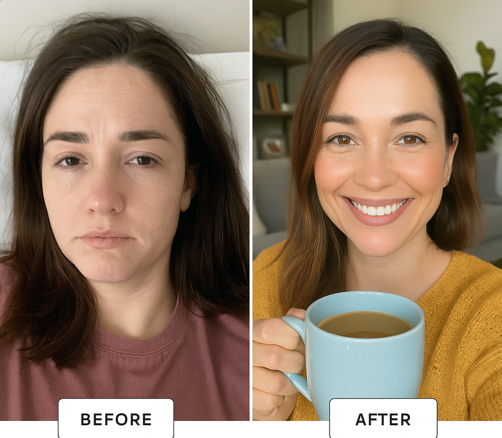 Side-by-side comparison of a woman before and after, holding a mug and smiling in the after image.