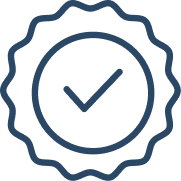 A dark blue icon of a checkmark inside a circular seal with a wavy border.